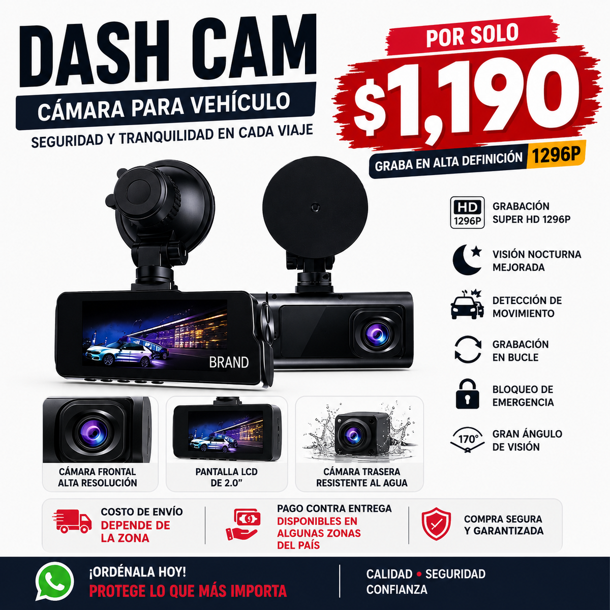 Cámara para vehículo con grabación HD 1296P