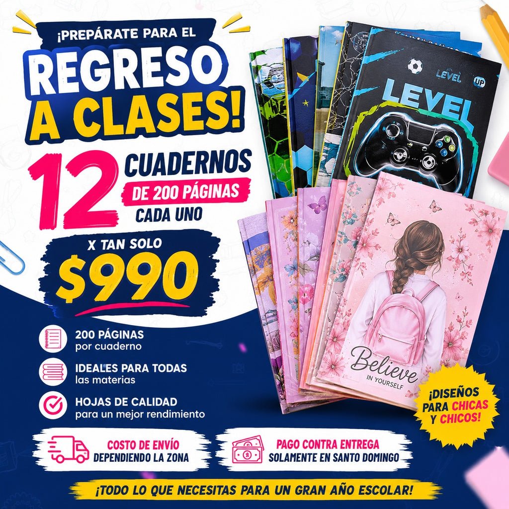 Cuadernos Escolares de 200 Páginas – Pack de 12 Unidades