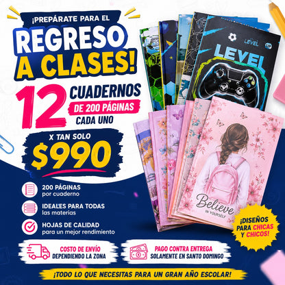 Cuadernos Escolares de 200 Páginas – Pack de 12 Unidades